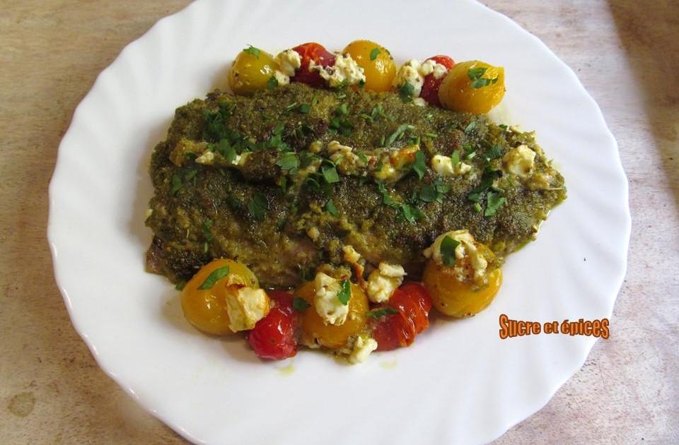 Maquereaux en croûte de pesto aux tomates cerises