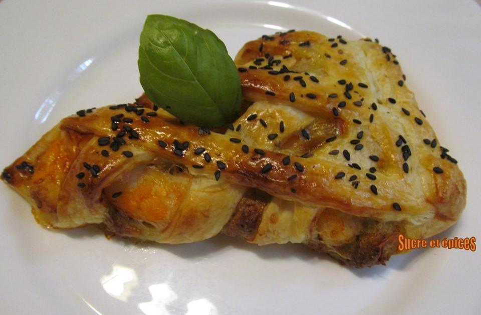 Feuilletés tressés aux crevettes, crème au pesto