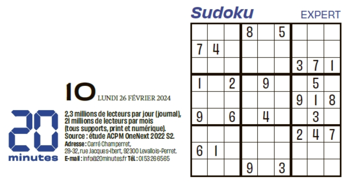 20 Minutes Sudoku 3912 du lundi 26/02/2024