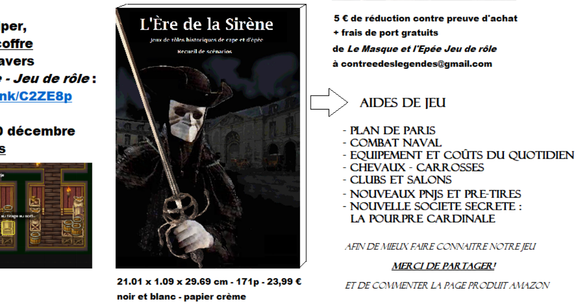 SORTIE de L'Ere de la Sirène, recueil de 11 scénarios pour le jeu de rôle Le Masque et l'Epée