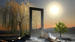 Une porte en bois usée qui s’ouvre sur un ciel qui n’existe pas encore.