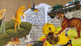 Écrivons un texte avec les mots suivants : chat - canapé - éventail - champignon - tigre - papillon - orchidée - bateau.