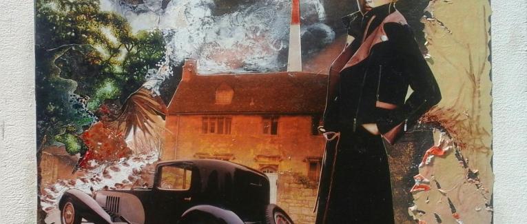 collage montage sur papier collé sur un support en bois