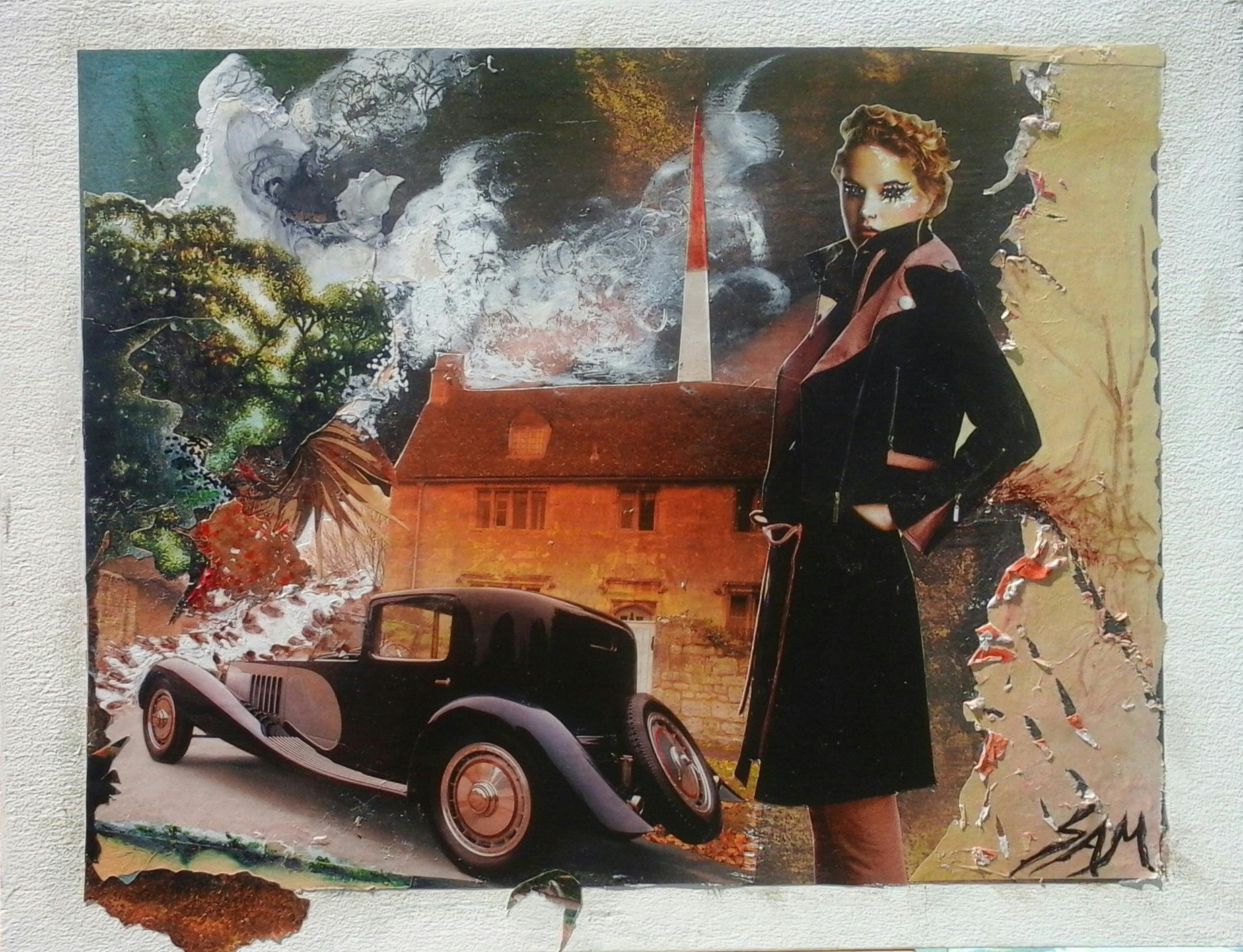 collage montage sur papier collé sur un support en bois