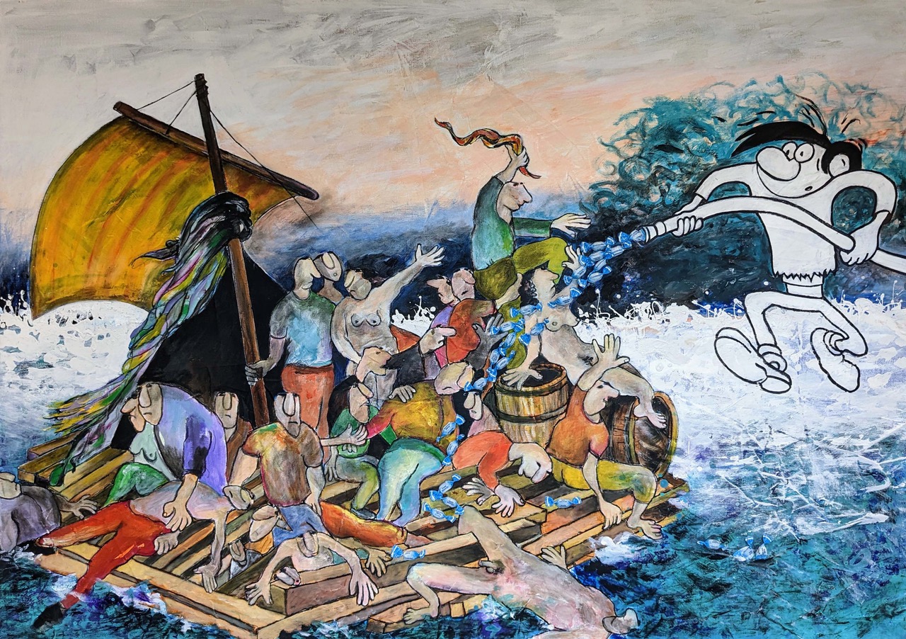 Le radeau médusé Acrylique sur toile - 114 x 162 Parodie du Grand loup crée par Walt Disney 4750 euros