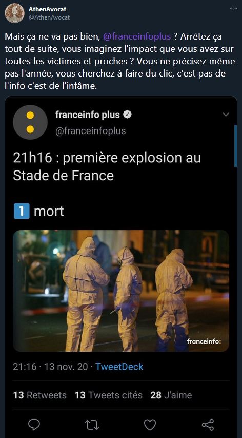 Tweet s'offuscant du thread de France Info sur les attentats du 13 novembre 2015