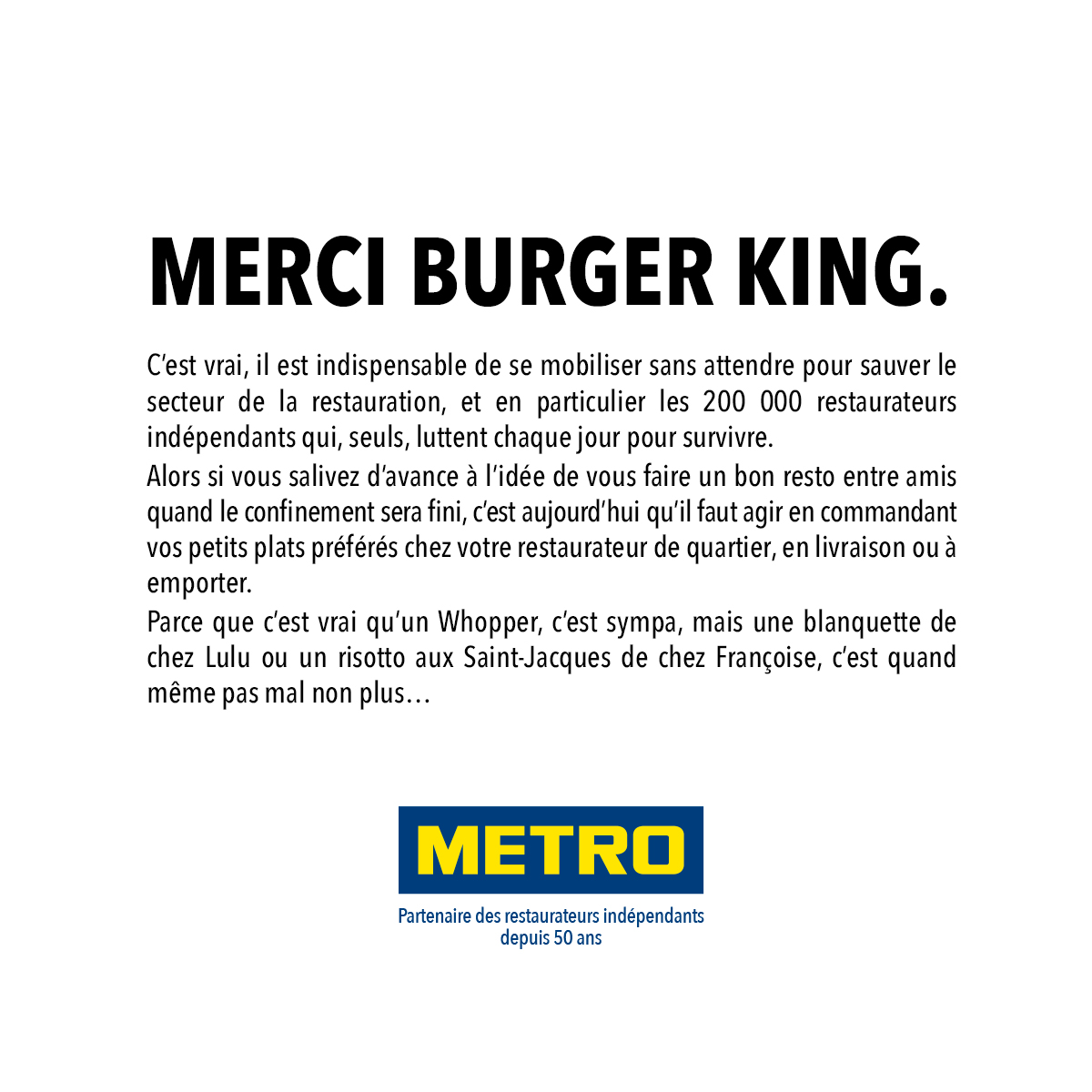 Metro remercie Burger King